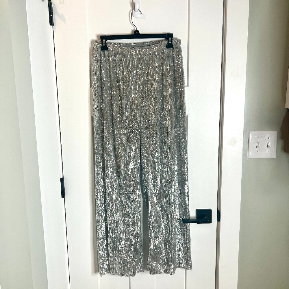 Deane Pull On Silver Fully Sequined Wide Leg Pants Glam Night Out Cocktail M